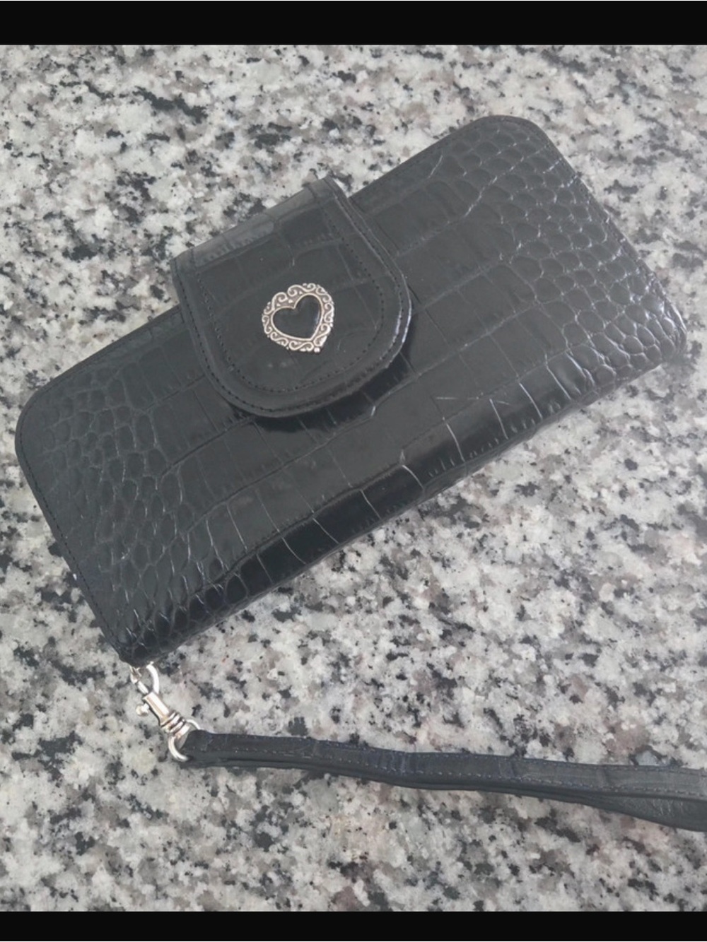 Brighton Black Croc-Embossed Wristlet Wallet with Heart Accent